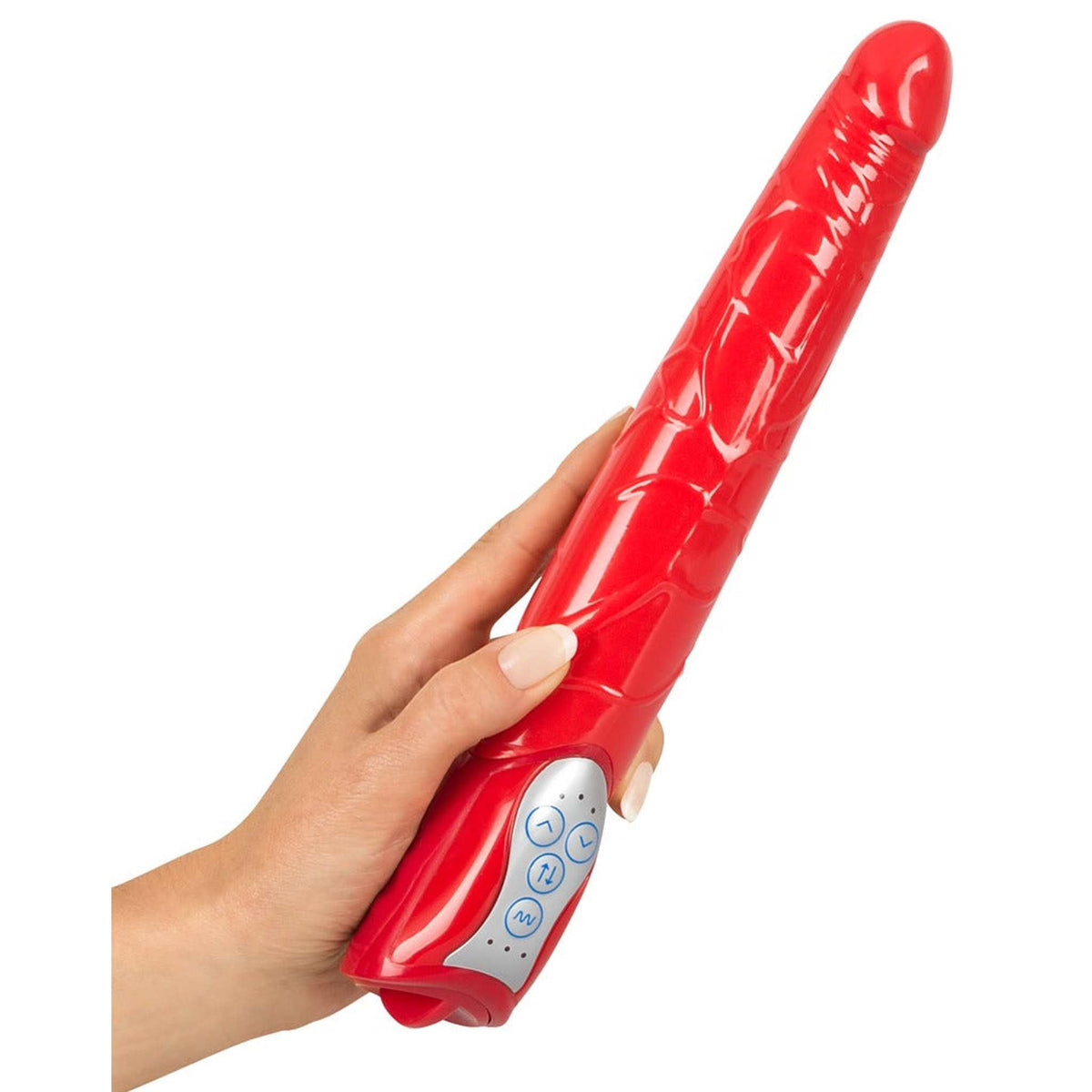 Vibratore rosso You2Toys tenuto in mano femminile con texture vene e pulsanti controllo luminosi