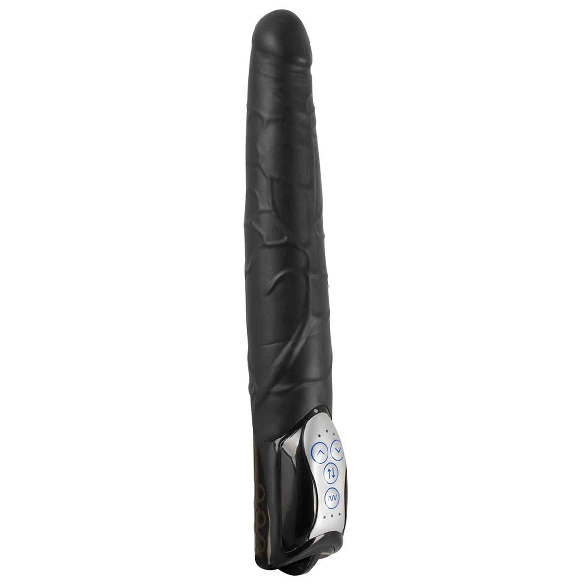 Vibratore nero You2Toys verticale con texture vene, pulsanti blu e indicatori LED spenti