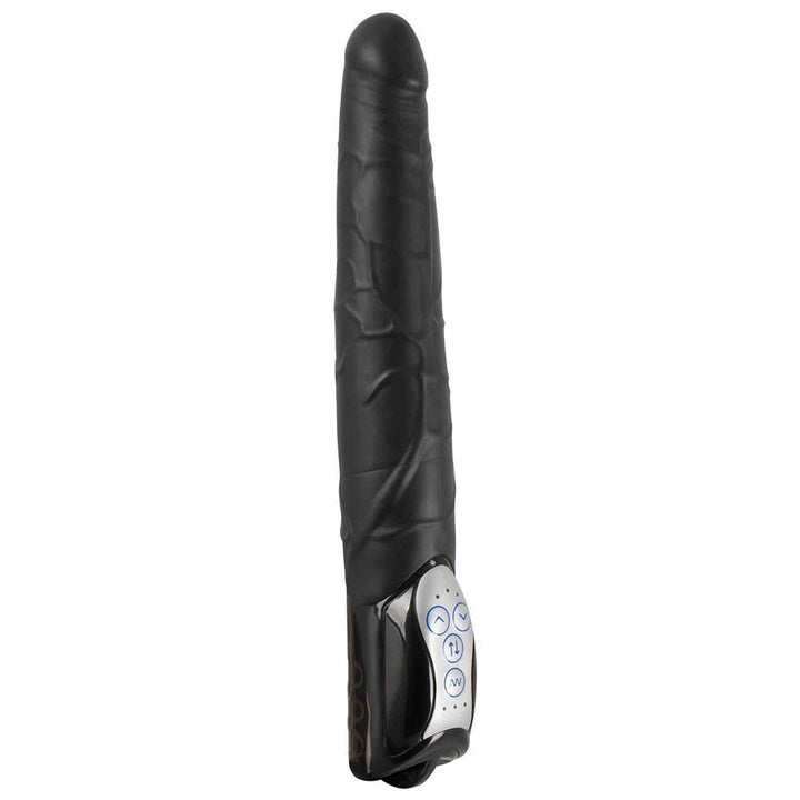 Vibratore nero You2Toys verticale con texture vene, pulsanti blu e indicatori LED spenti