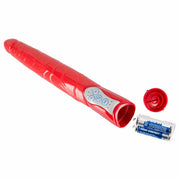Vibratore rosso You2Toys con batteria rimossa e coperchio base aperto per sostituzione pile