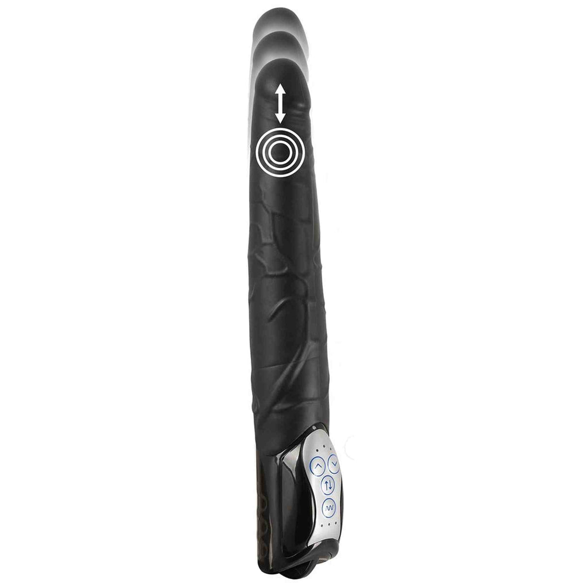 Vibratore nero You2Toys con icona grafica sovrapposta che illustra funzioni spinta e vibrazione