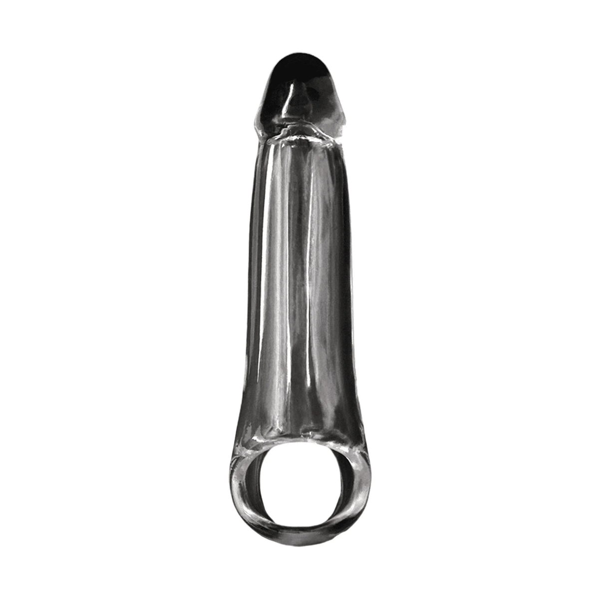 Guaina fallica trasparente in TPE anatomica con anello base e rilievi verticali
