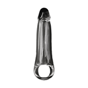 Guaina fallica trasparente in TPE anatomica con anello base e rilievi verticali