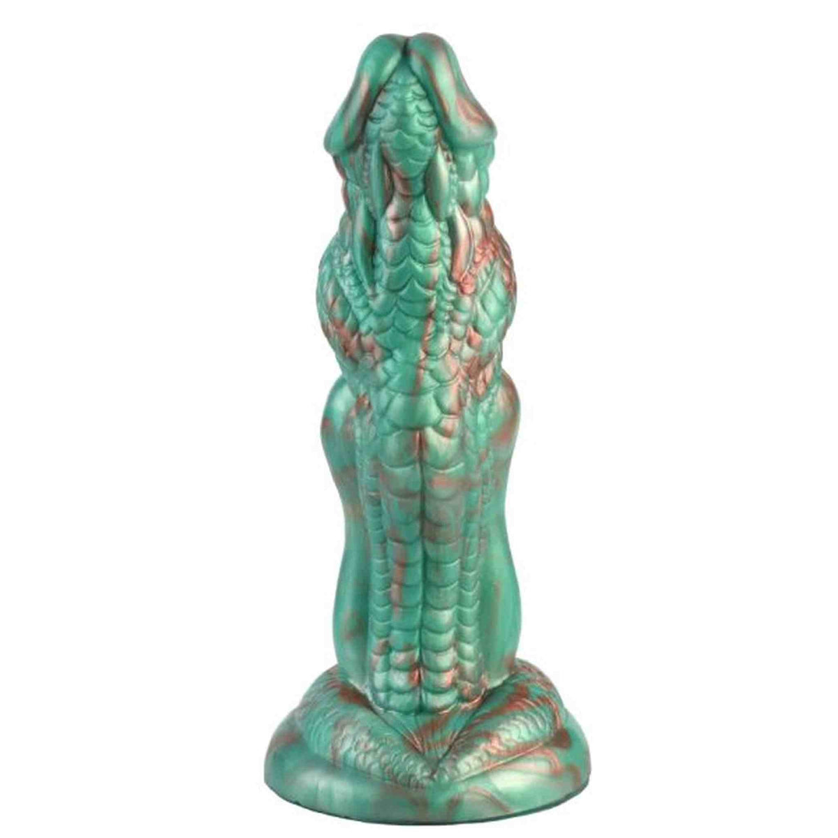 Dildo drago reversibile verde acqua venature rosse vista posteriore scaglie lucide