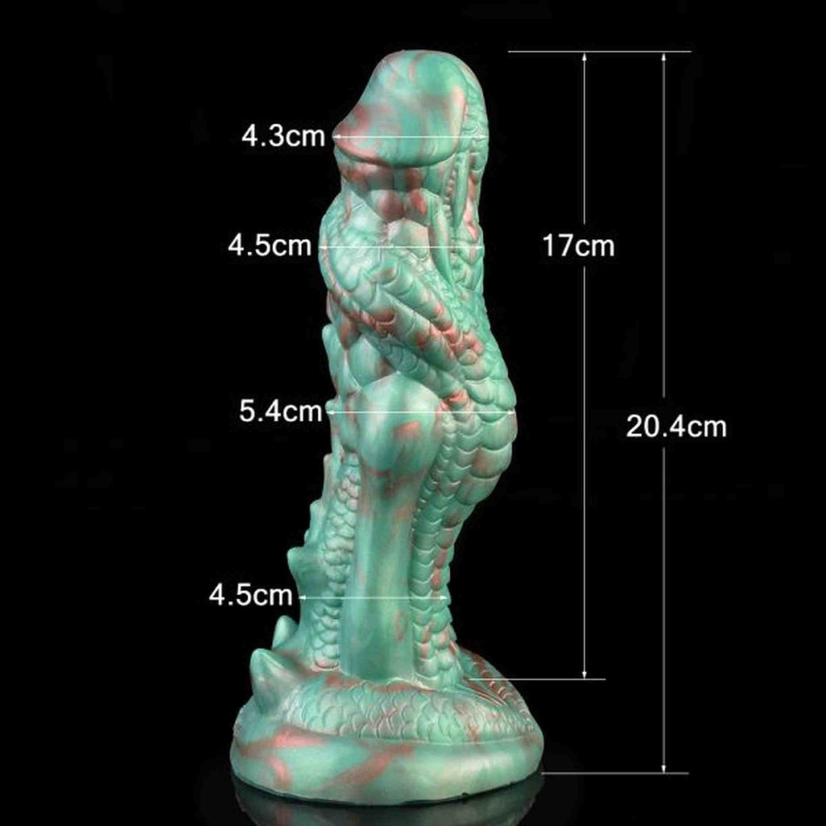 Dildo drago verde acqua dimensioni 20,4 cm vista laterale scaglie lucide su sfondo nero