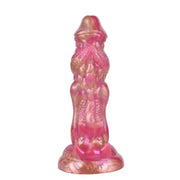 Dildo drago rosa dorato marchio YOGY inciso vista posteriore scaglie lucide