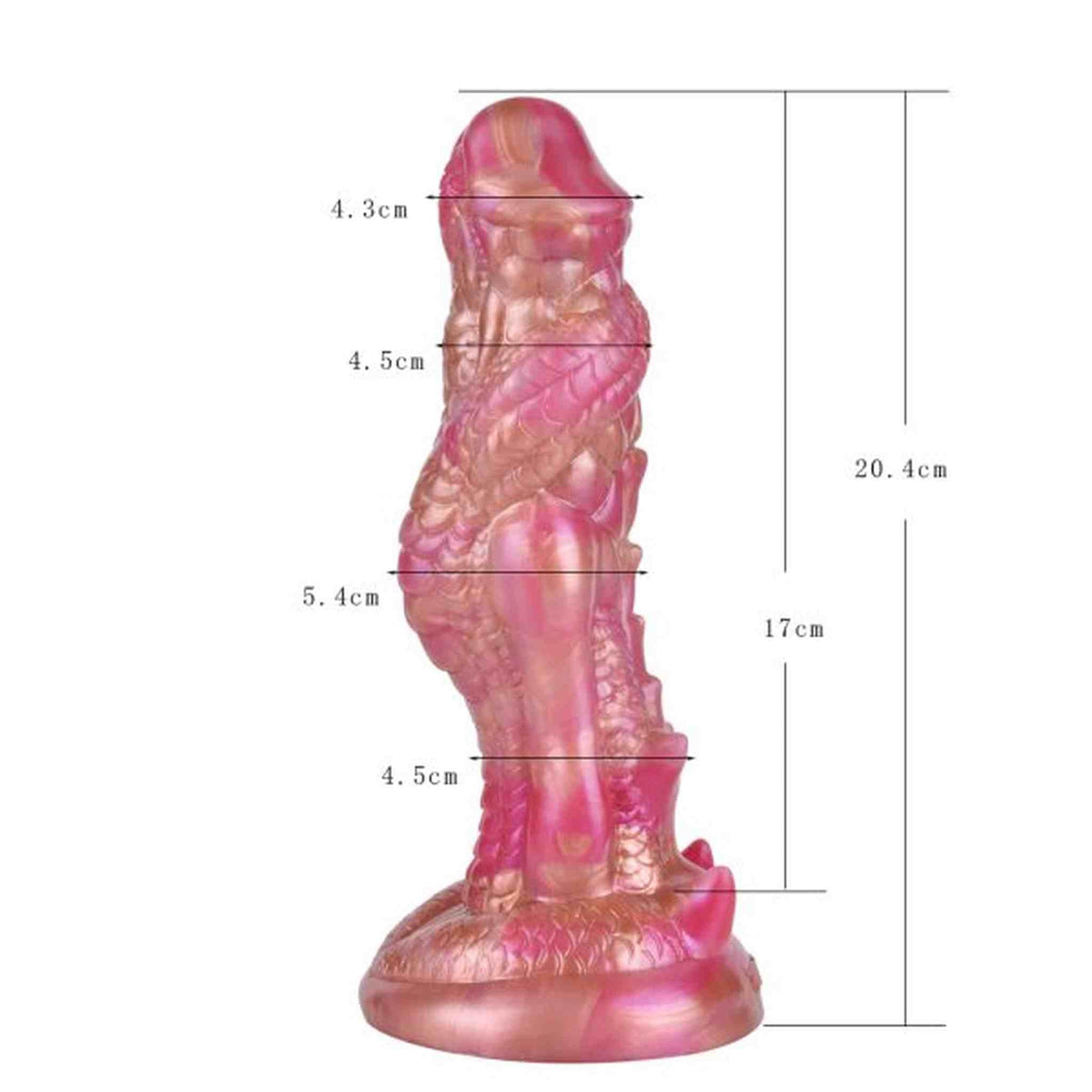 Dildo drago rosa dorato misure 20,4 cm vista frontale scaglie base arrotondata