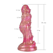 Dildo drago rosa dorato misure 20,4 cm vista frontale scaglie base arrotondata