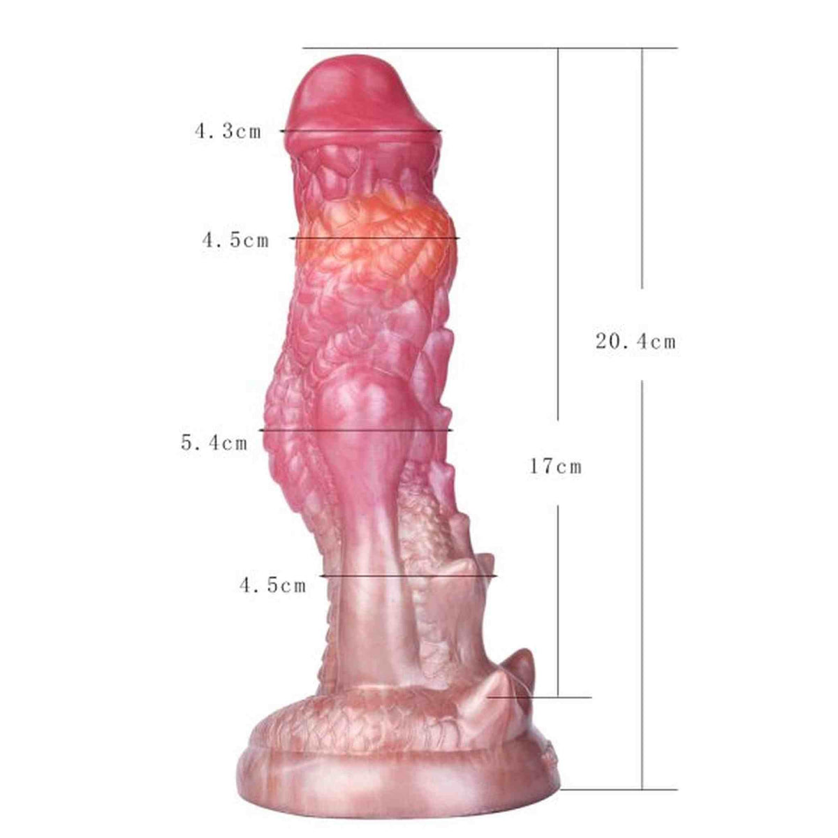 Dildo drago gradiente rosa arancione con misure 20,4 cm vista frontale scaglie