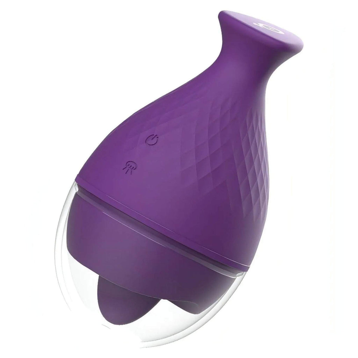 Vista laterale profilo goccia del vibratore clitorideo Rewolingo viola in silicone