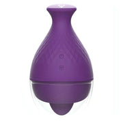 Pulsante femminile e controlli vibrazione su vibratore clitorideo Rewolingo viola in silicone