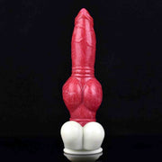 Dildo opaco rosso texture muscoli Magmara Ringo montato su supporto glutei bianco
