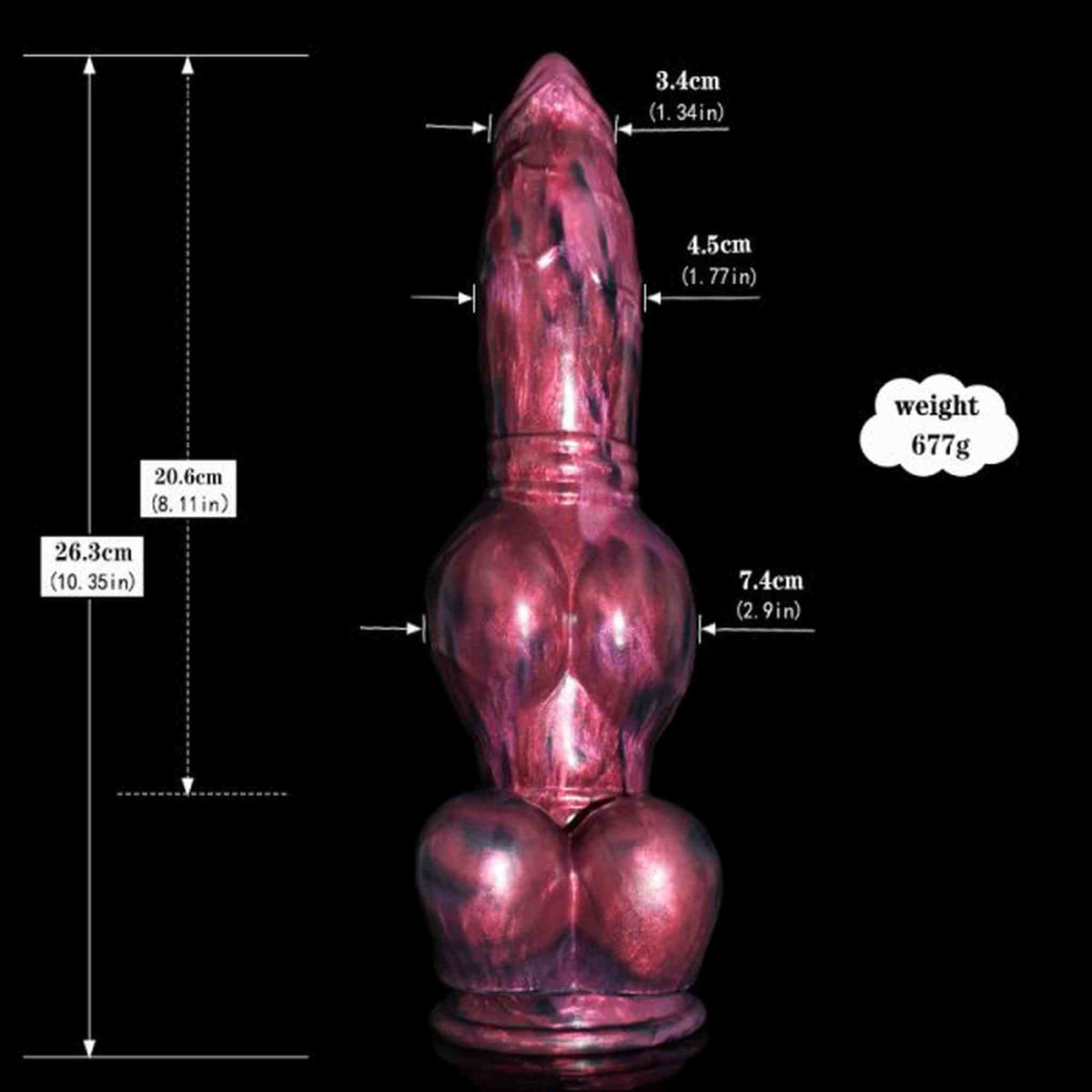 Dildo marmorizzato rosa porpora nero Magmara Ringo con misurazioni e peso indicato