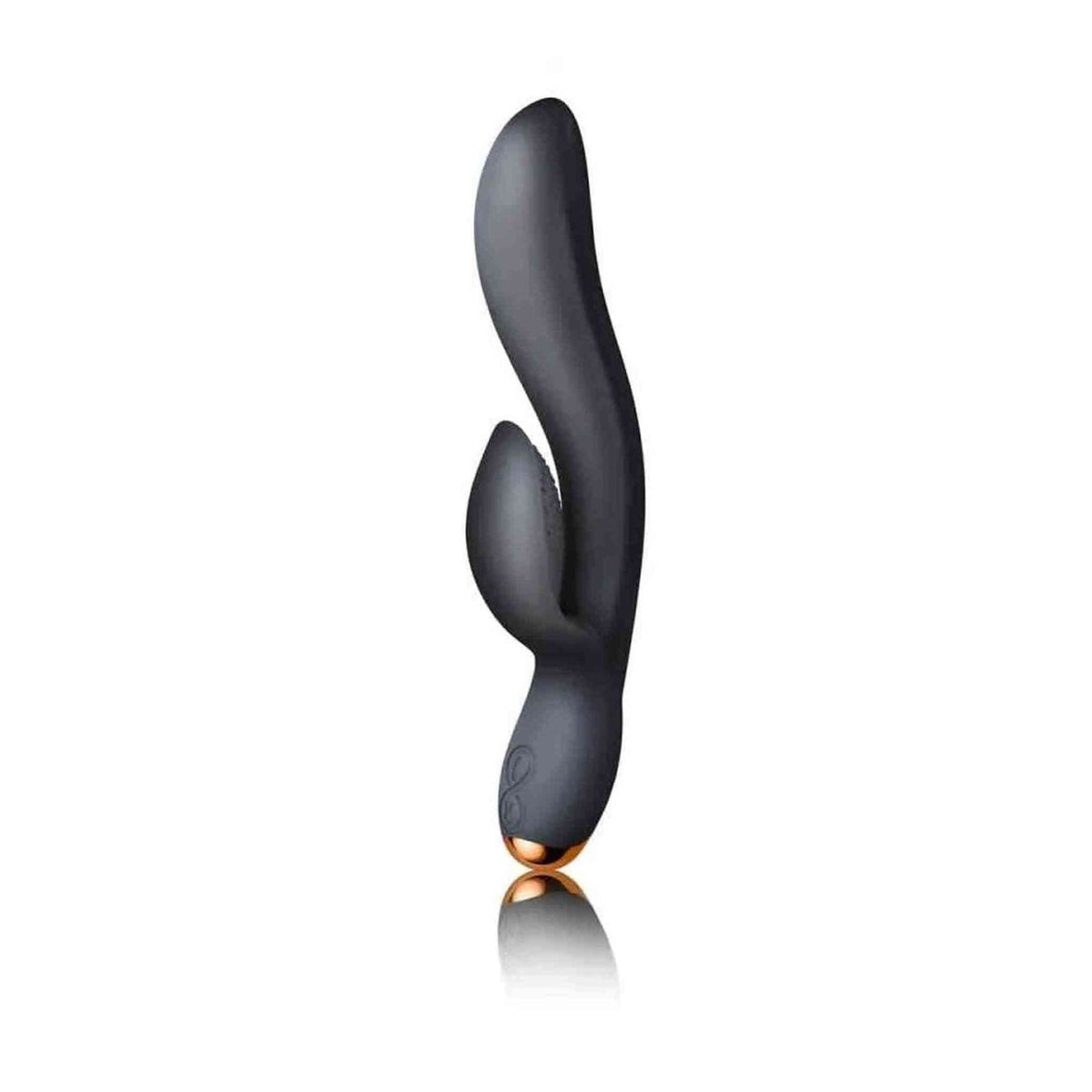 Vibratore rabbit nero Regala con design ergonomico curvo e anello decorativo dorato alla base