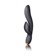 Vibratore rabbit nero Regala con design ergonomico curvo e anello decorativo dorato alla base