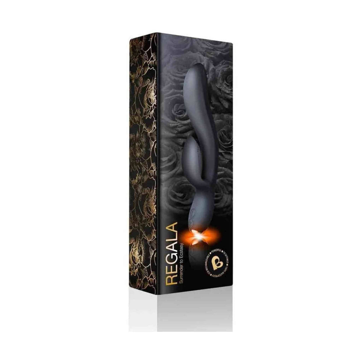 Confezione vibratore rabbit Regala Black con stampa floreale dorata e certificazione materiali non tossici