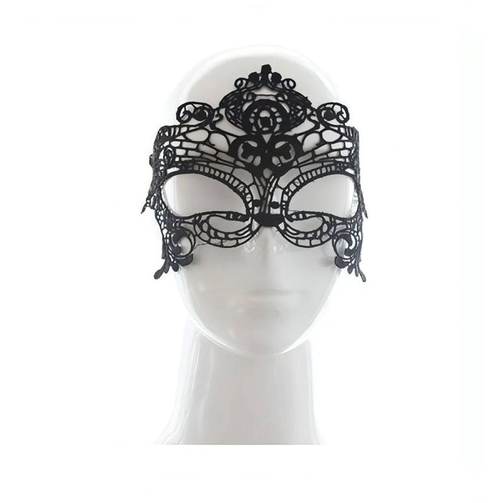 Maschera nera in pizzo vista frontale design elaborato a corona per occhi