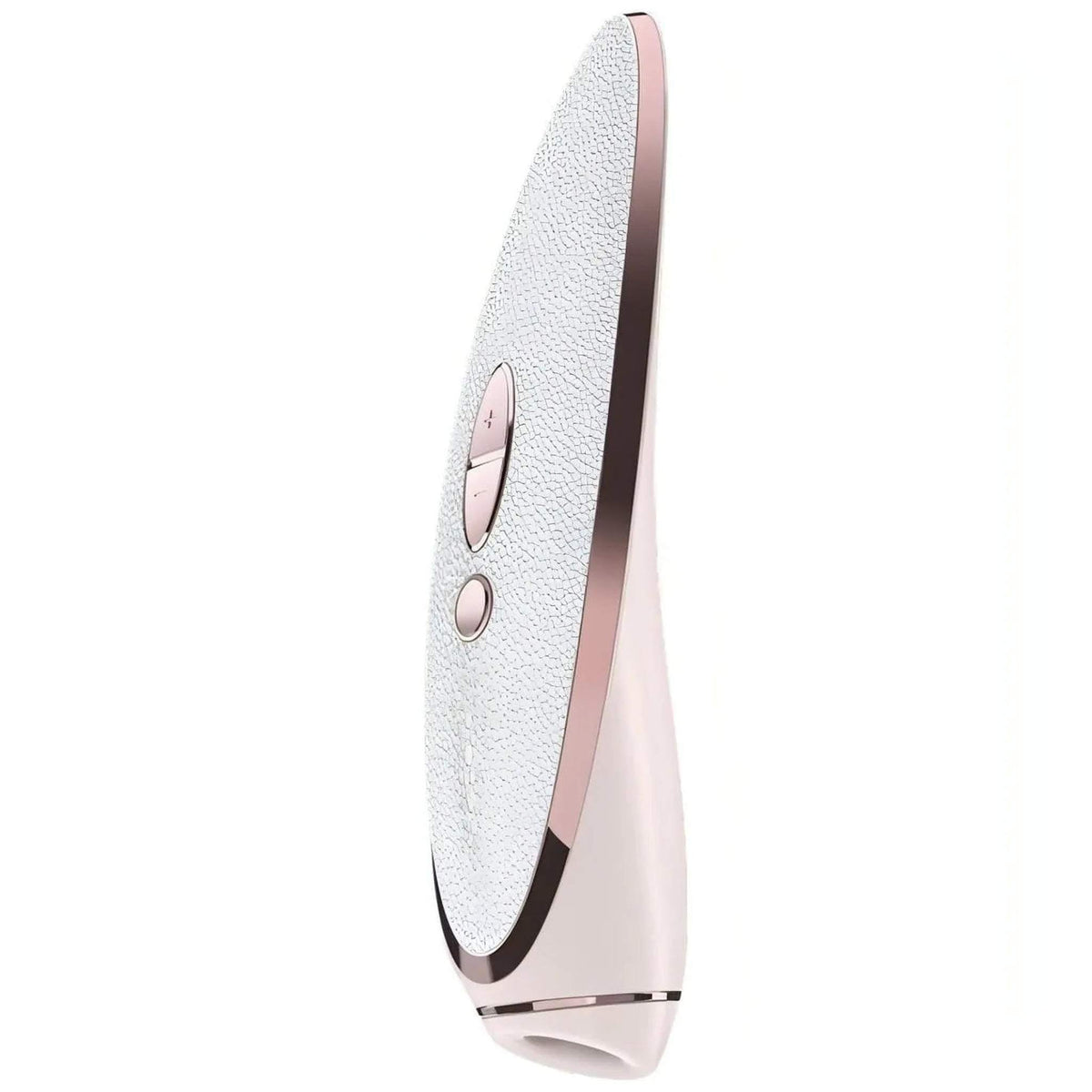 Satisfyer Prêt-à-Porter rosa pallido profilo laterale con finitura pelle e striscia bronzo