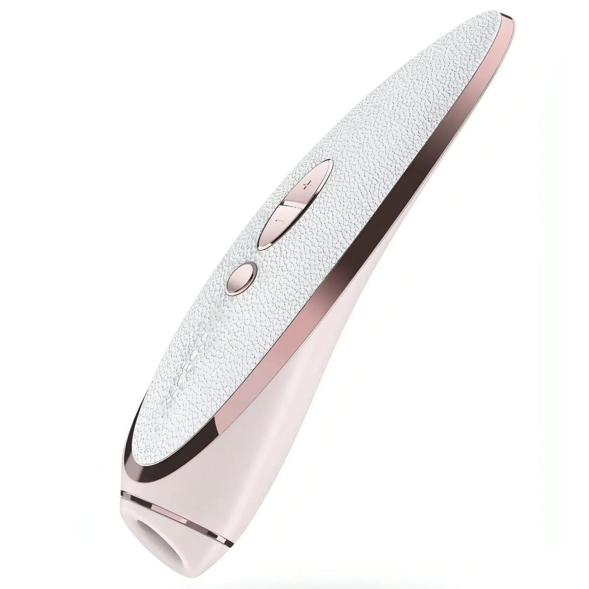 Satisfyer Prêt-à-Porter rosa pallido vista angolata silicone bianco dettagli metallici