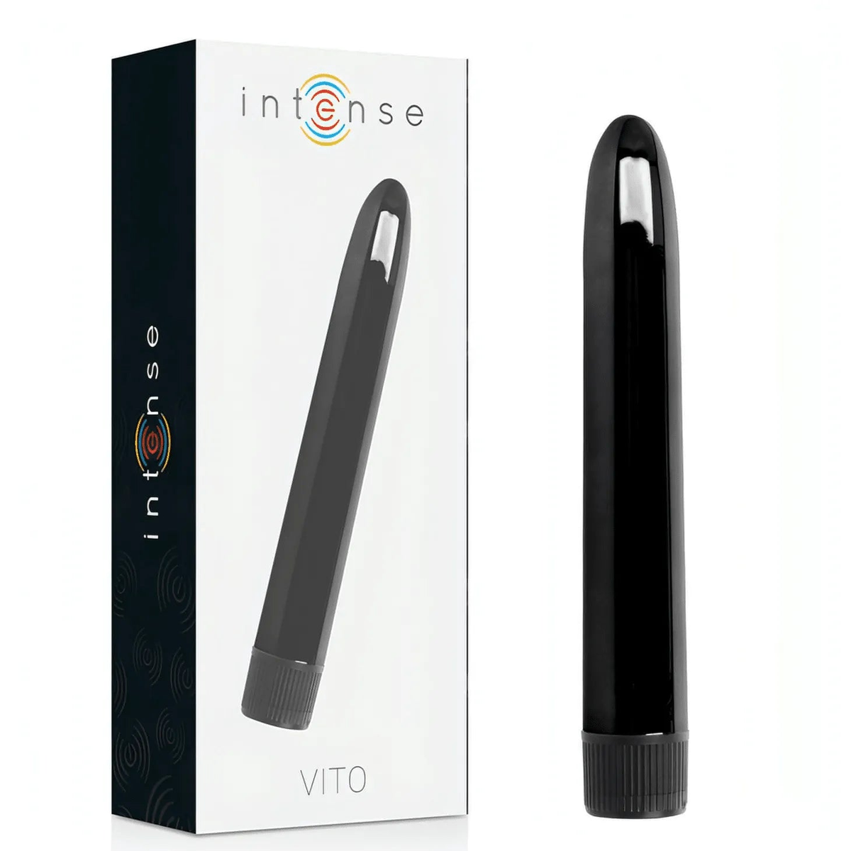 Vibratore Intense VITO nero lucido accanto alla confezione bianca con logo brand