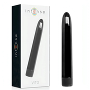 Vibratore Intense VITO nero lucido accanto alla confezione bianca con logo brand