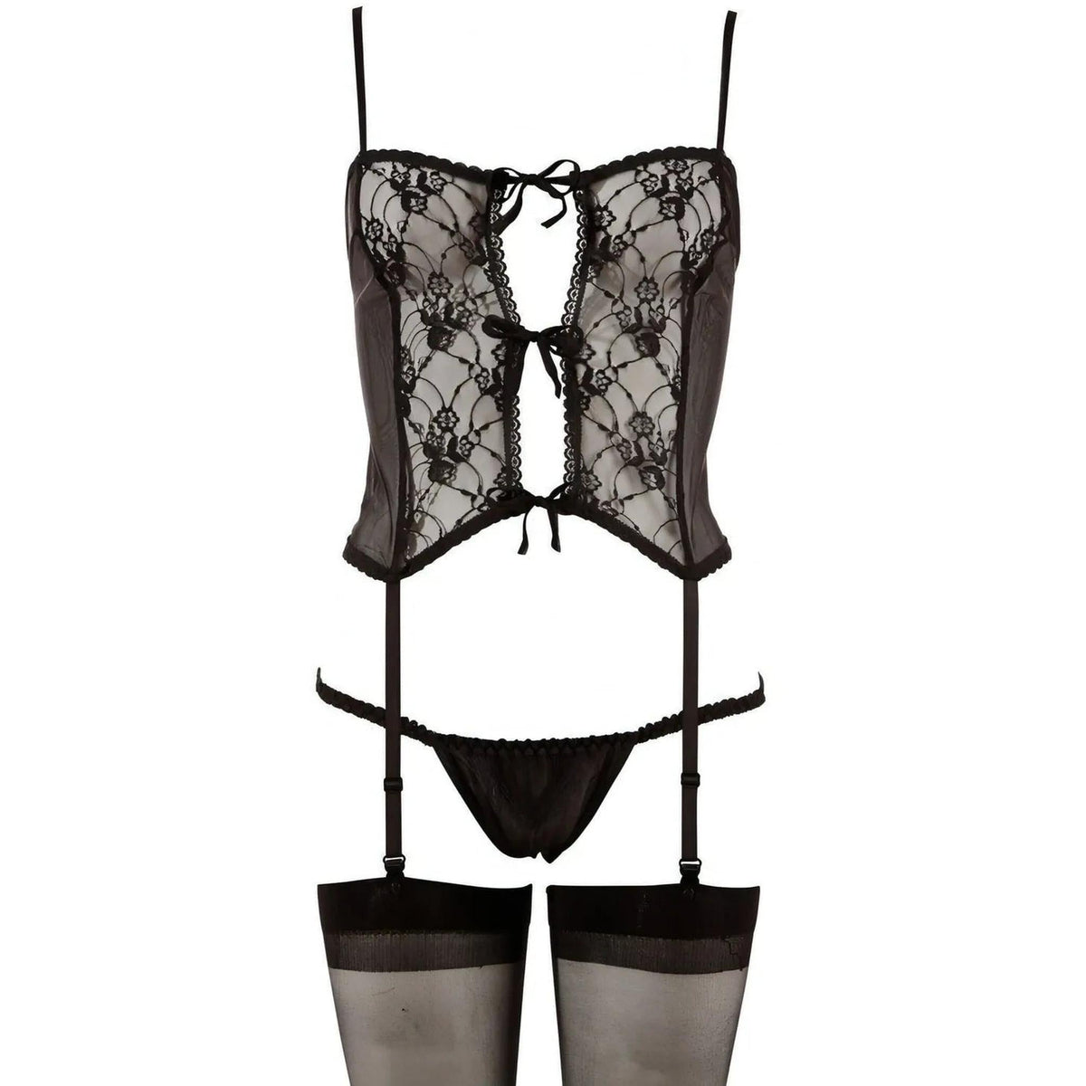 Set 3 Pezzi Basco In Pizzo Con Slip e Calze Velate Nere
