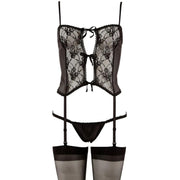 Set 3 Pezzi Basco In Pizzo Con Slip e Calze Velate Nere
