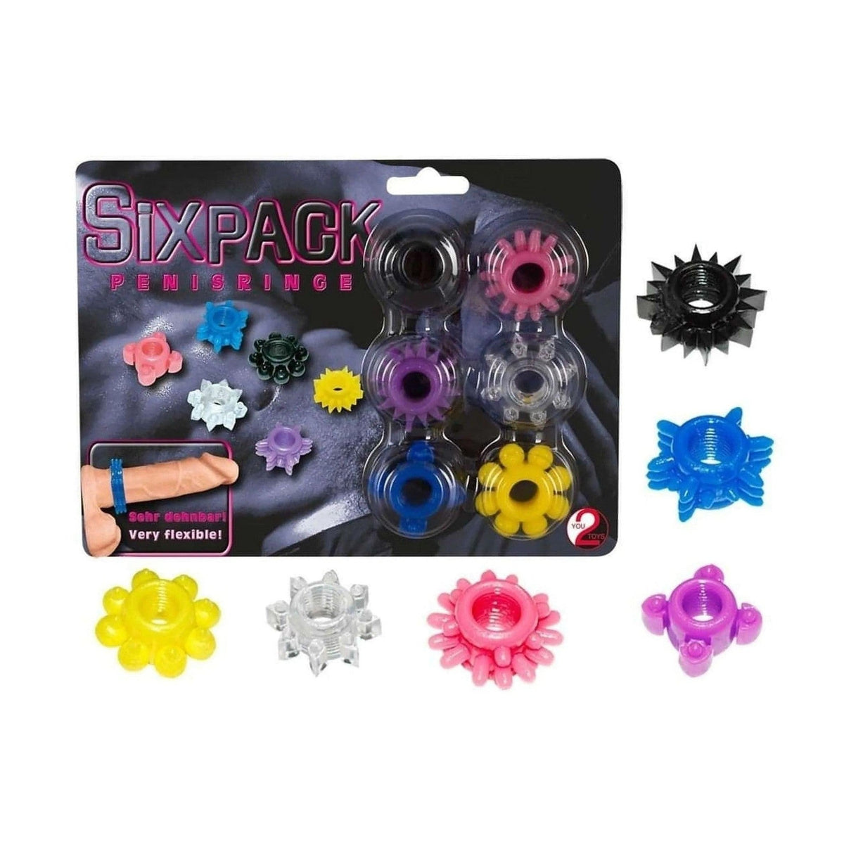 Set 6 anelli fallici colorati elastici in blister nero con design variabili