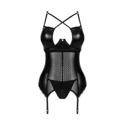 Set corsetto nero pizzo aperto frontale bottone centrale e slip cinghie calze