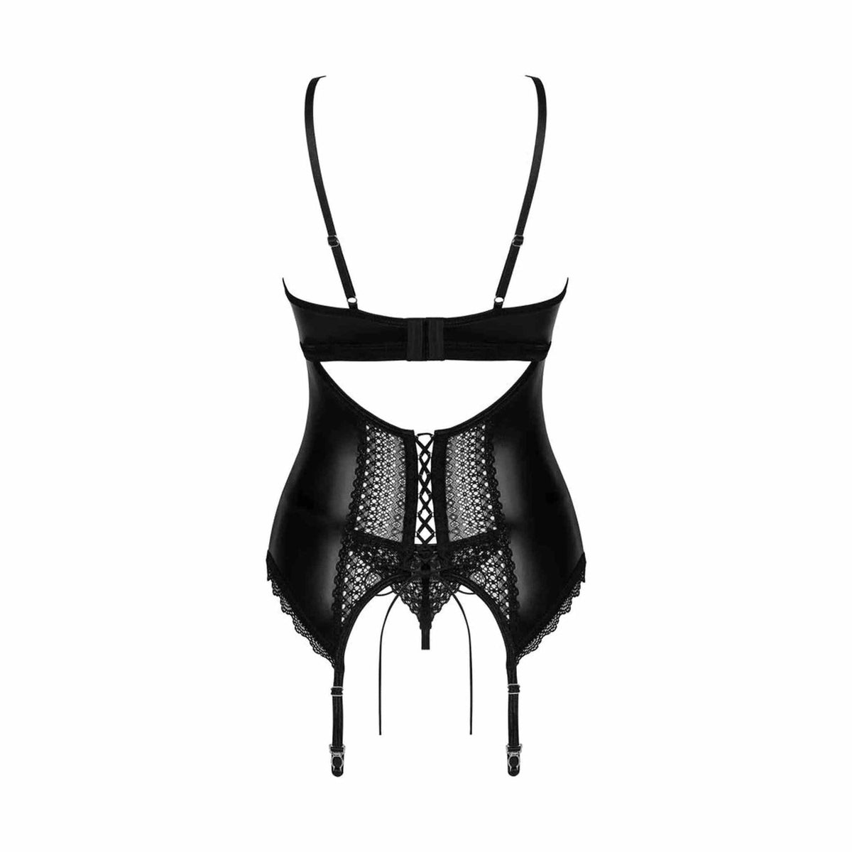 Corsetto nero retro taglio U lacci incrociati pizzo e slip cinghie calze