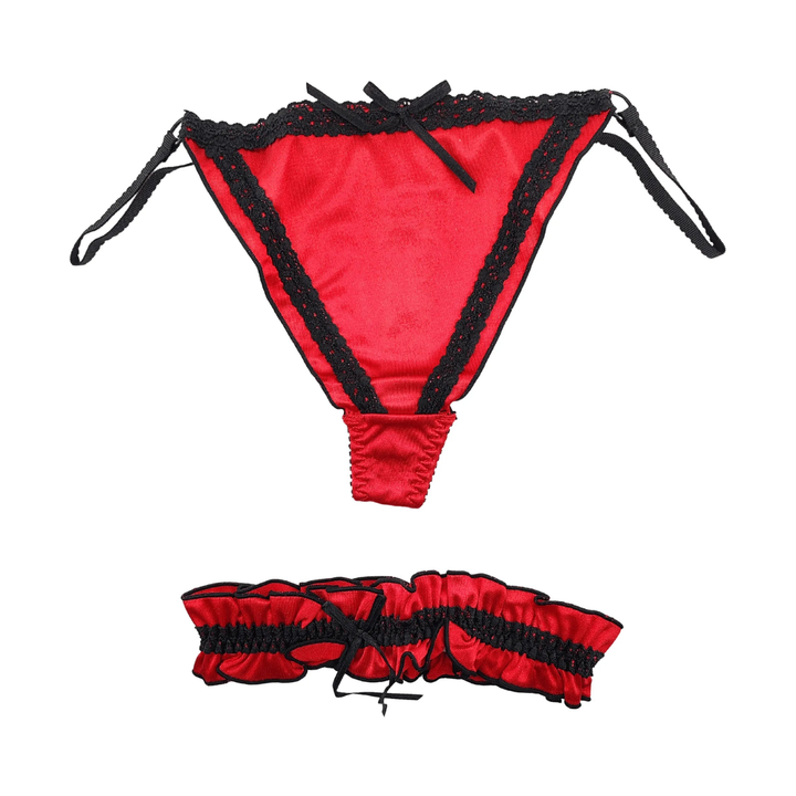 Set intimo sexy perizoma e giarrettiera in raso rosso e pizzo nero