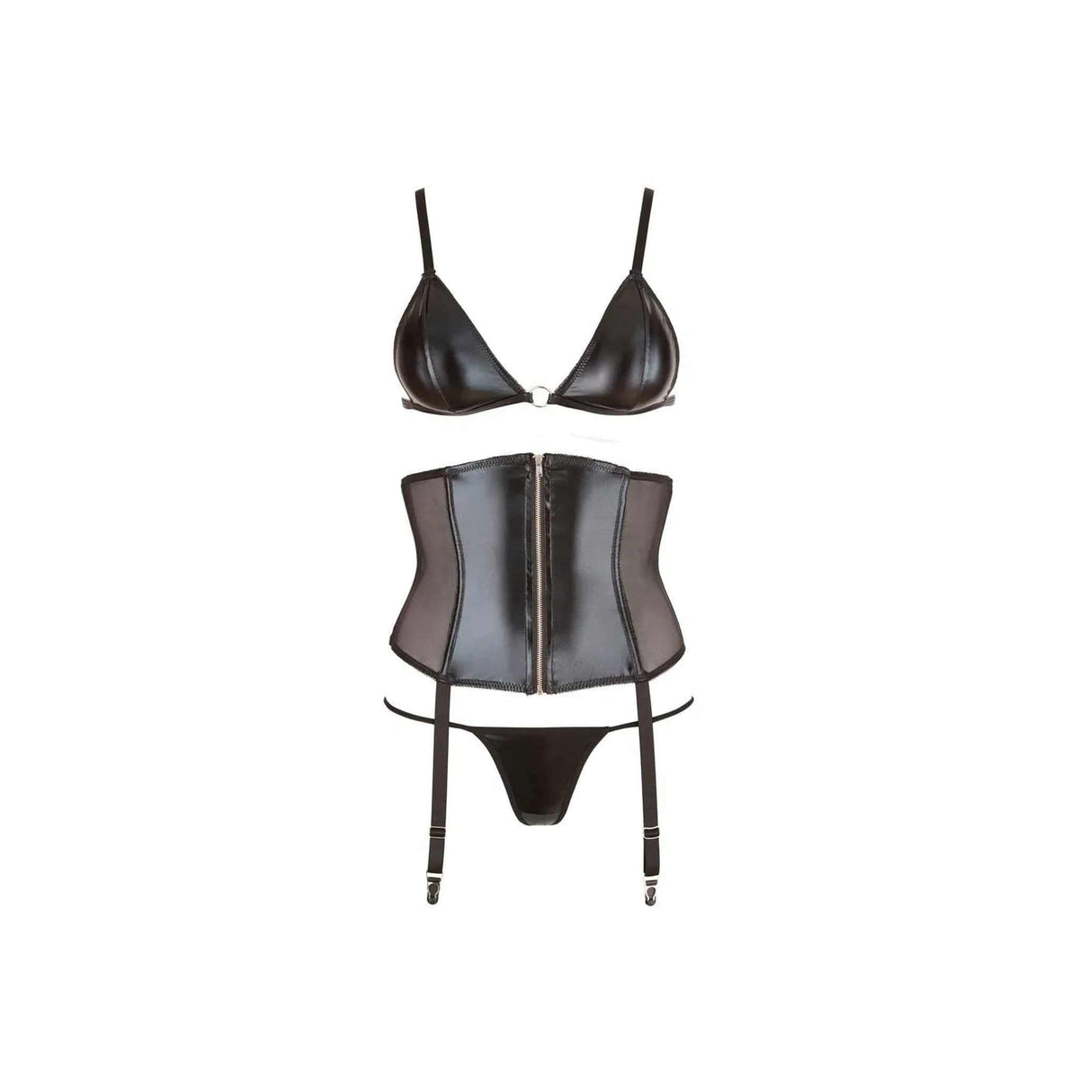 Visualizzazione piatta completo nero reggiseno triangolare e corpetto con zip