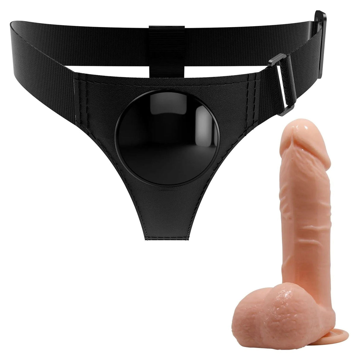 Set strap-on nero pelle sintetica con fallo rosa carne realistico