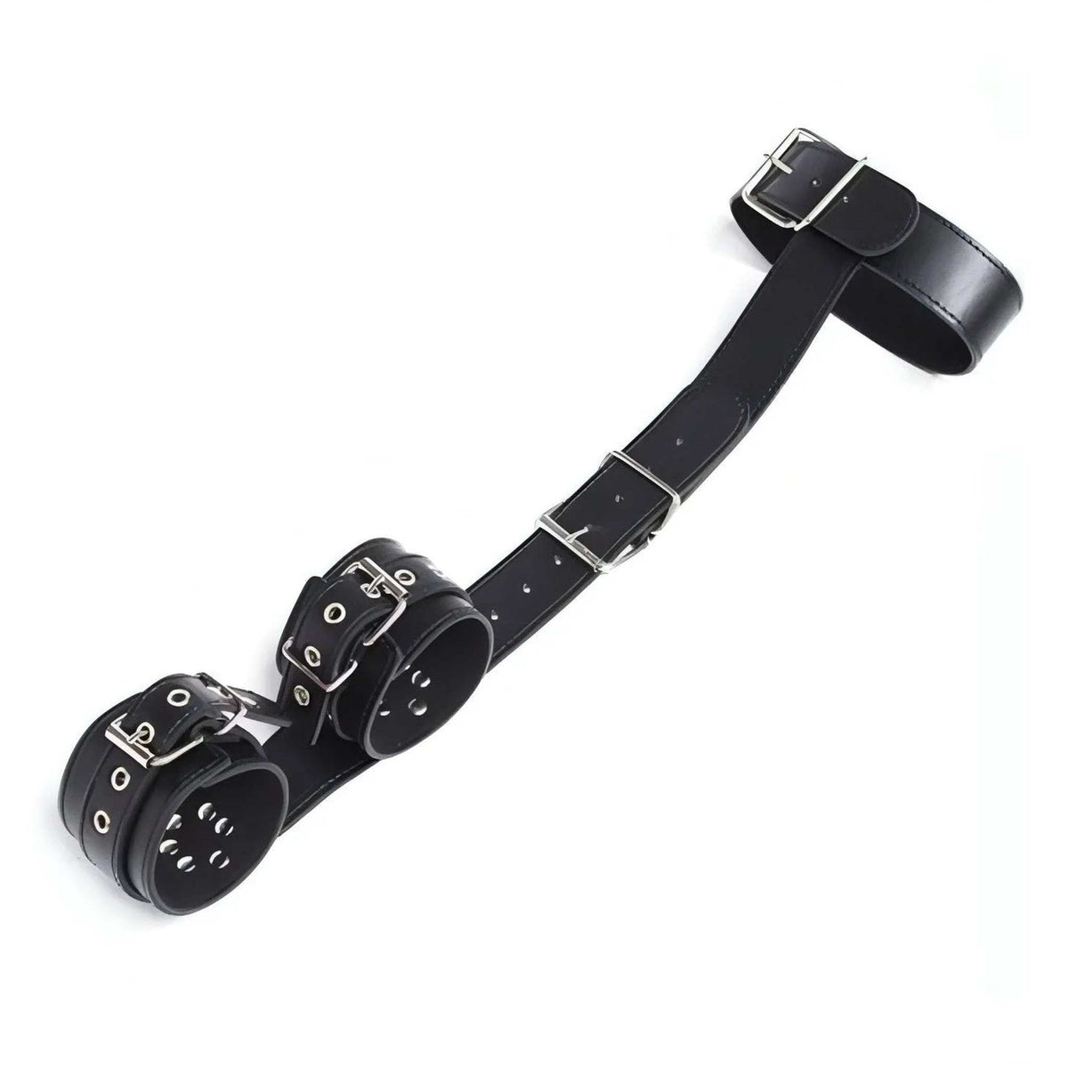 Set completo bracciali e cinghia nera lucida con fibbie metalliche