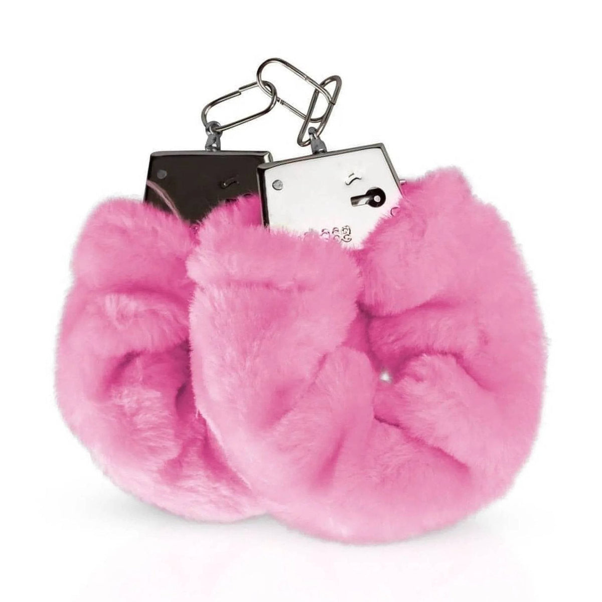 Manette in peluche rosa con fermagli metallici