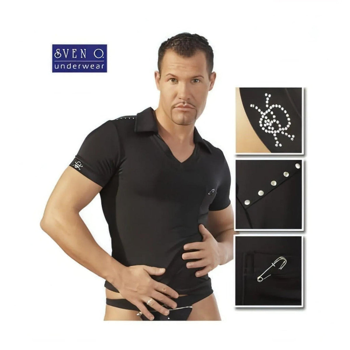 Maglia nera Svenjoyment Nera Pirate uomo con collo coreano, borchie e ricamo teschio