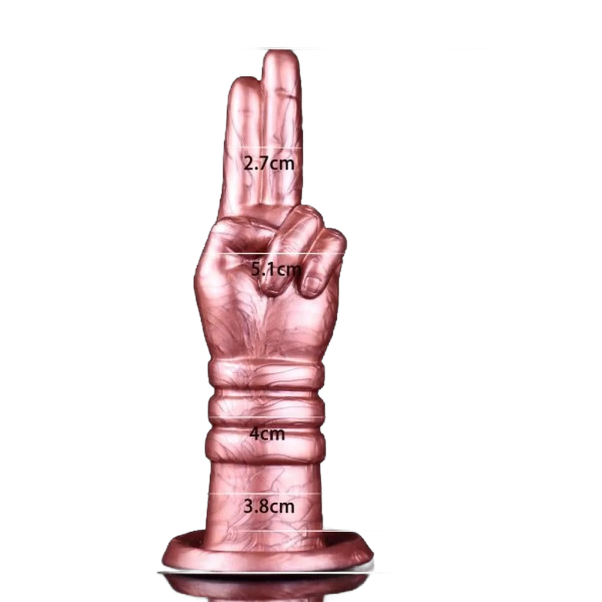 Dildo silicone liquido rosa Deva misure dettagliate con pollice e indice sollevati su sfondo bianco
