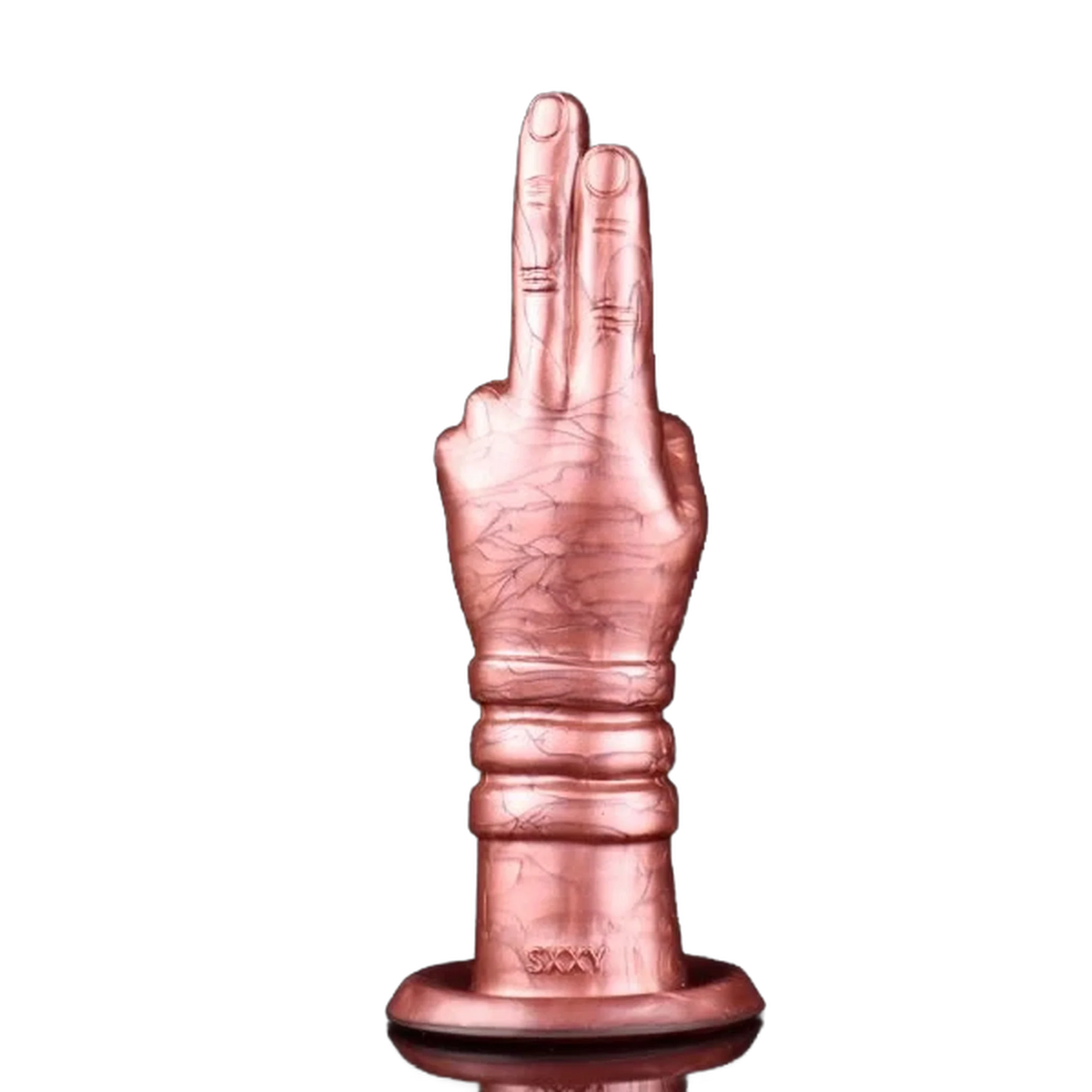 Dildo silicone liquido rosa Deva a forma di mano con gesto vittoria e base incisa SXXY