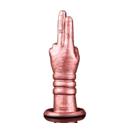 Dildo silicone liquido rosa Deva a forma di mano con gesto vittoria e base incisa SXXY
