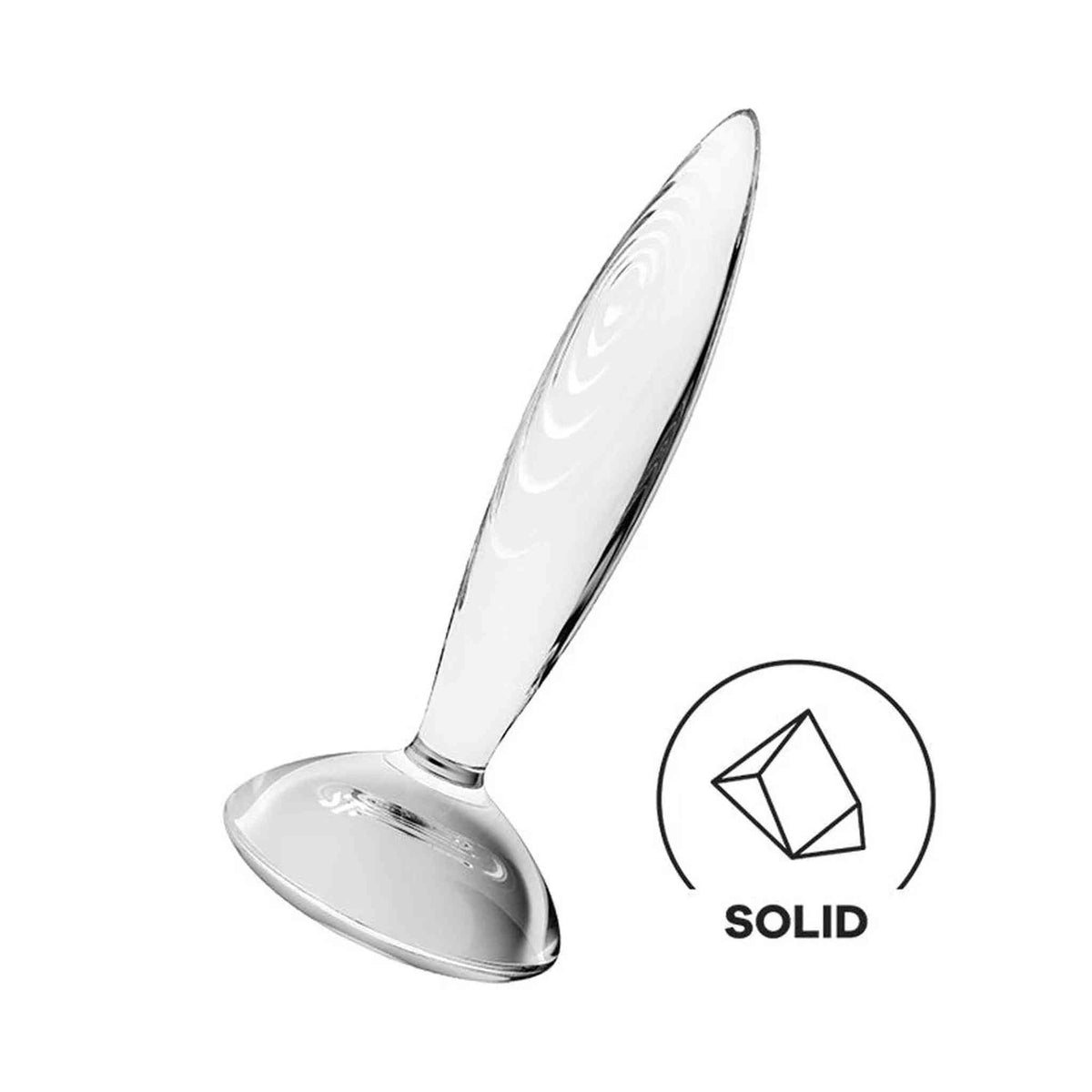 Dildo in vetro trasparente Satisfyer Solid Glass inclinato con icona cubo geometrico