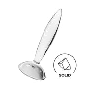 Dildo in vetro trasparente Satisfyer Solid Glass inclinato con icona cubo geometrico
