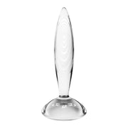 Dildo in vetro trasparente Satisfyer Solid Glass con base piatta e logo SF in rilievo