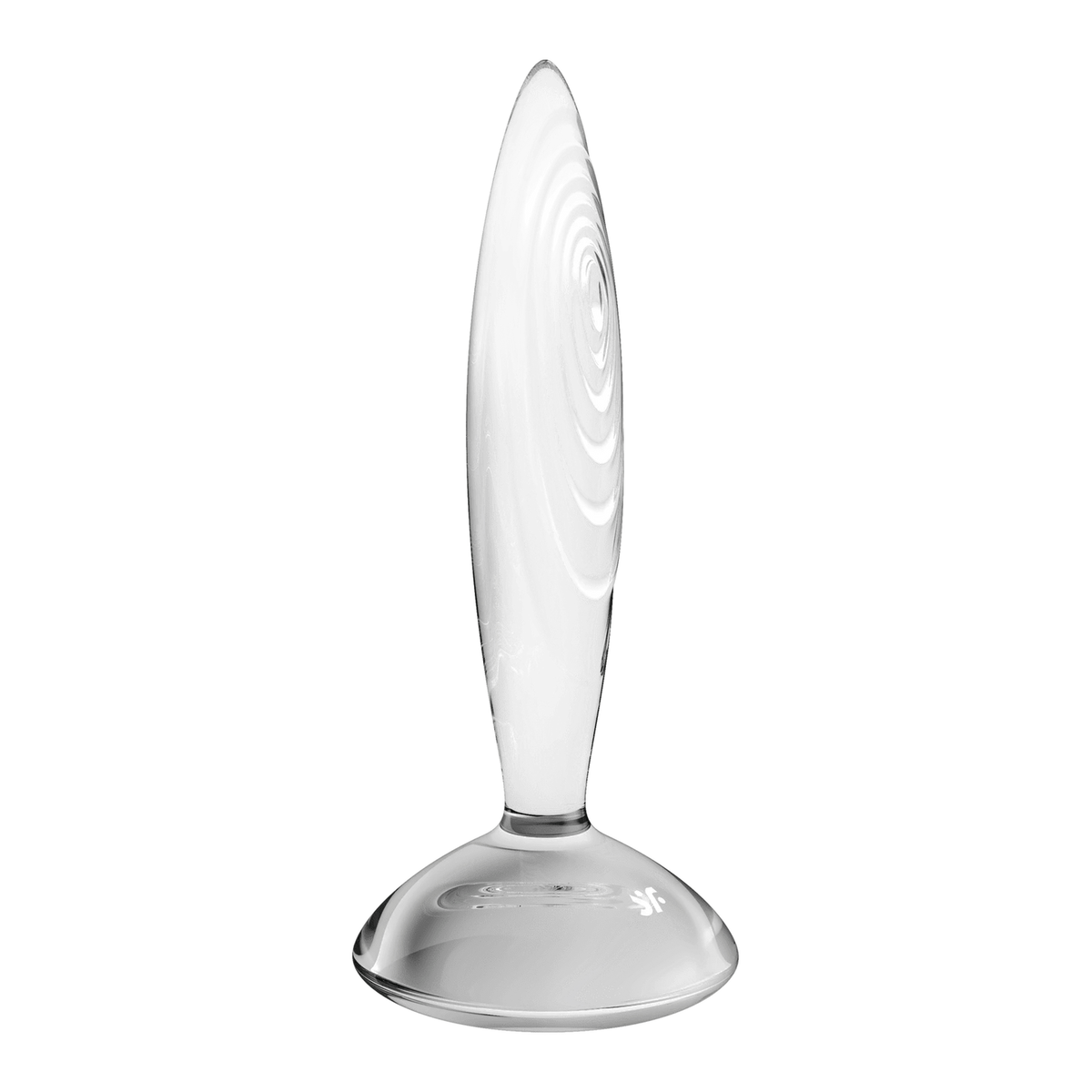 Dildo in vetro trasparente Satisfyer con forma curva, base stabile e incisioni a spirale