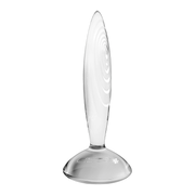 Dildo in vetro trasparente Satisfyer con forma curva, base stabile e incisioni a spirale