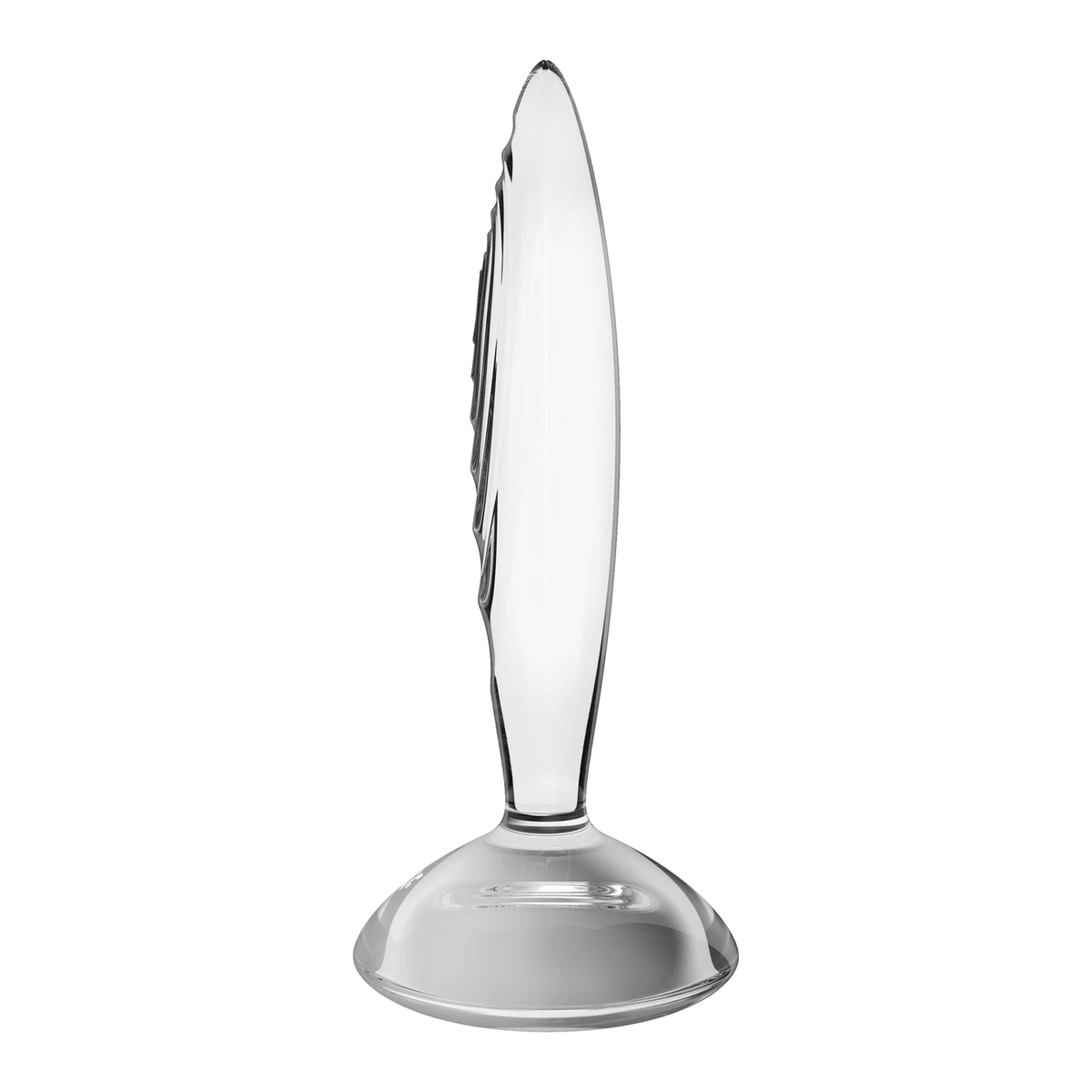 Dildo in vetro trasparente Satisfyer con incisioni verticali a rilievo e superficie lucida