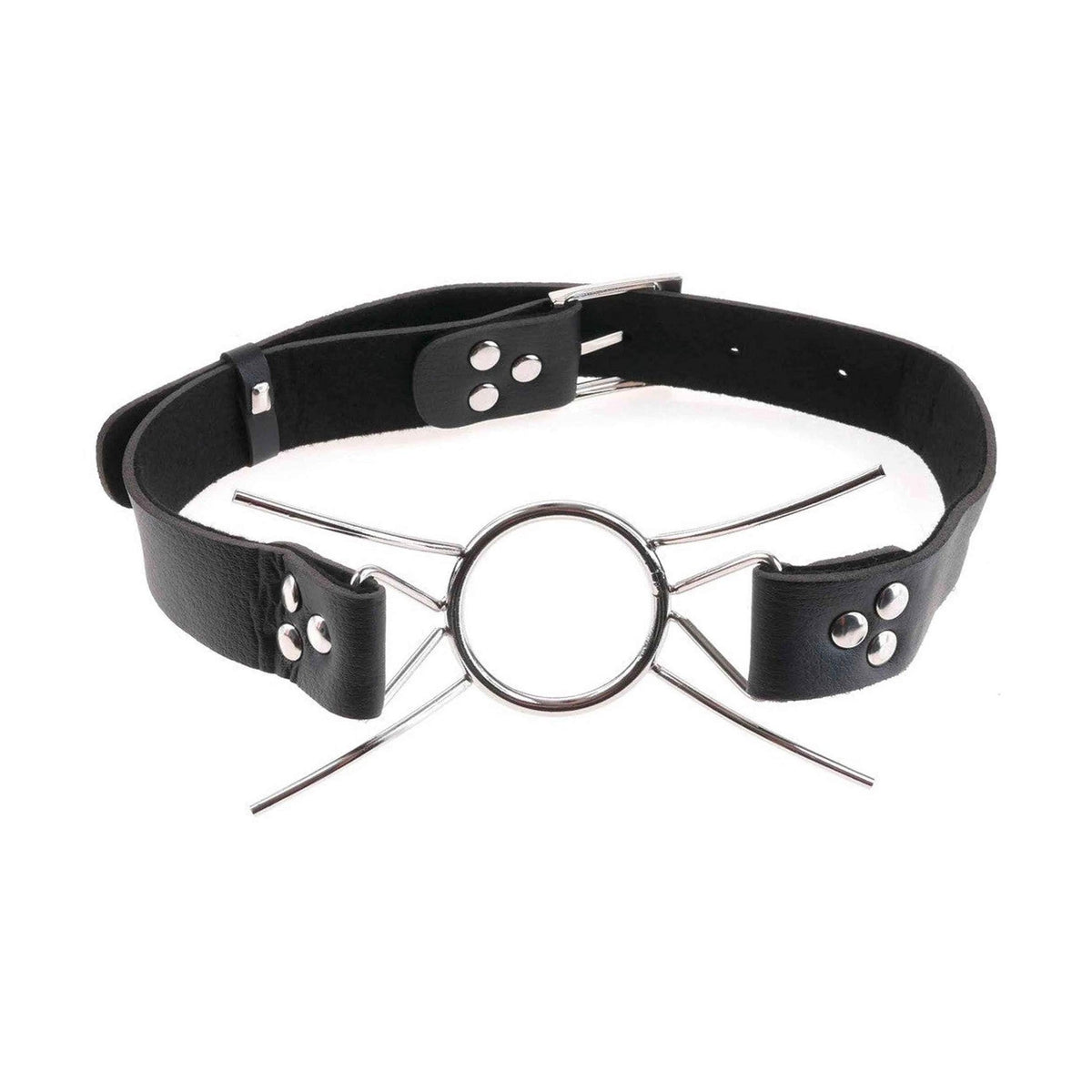 Vista frontale bavaglio BDSM Spider Gag nero con anello centrale e bracci metallici