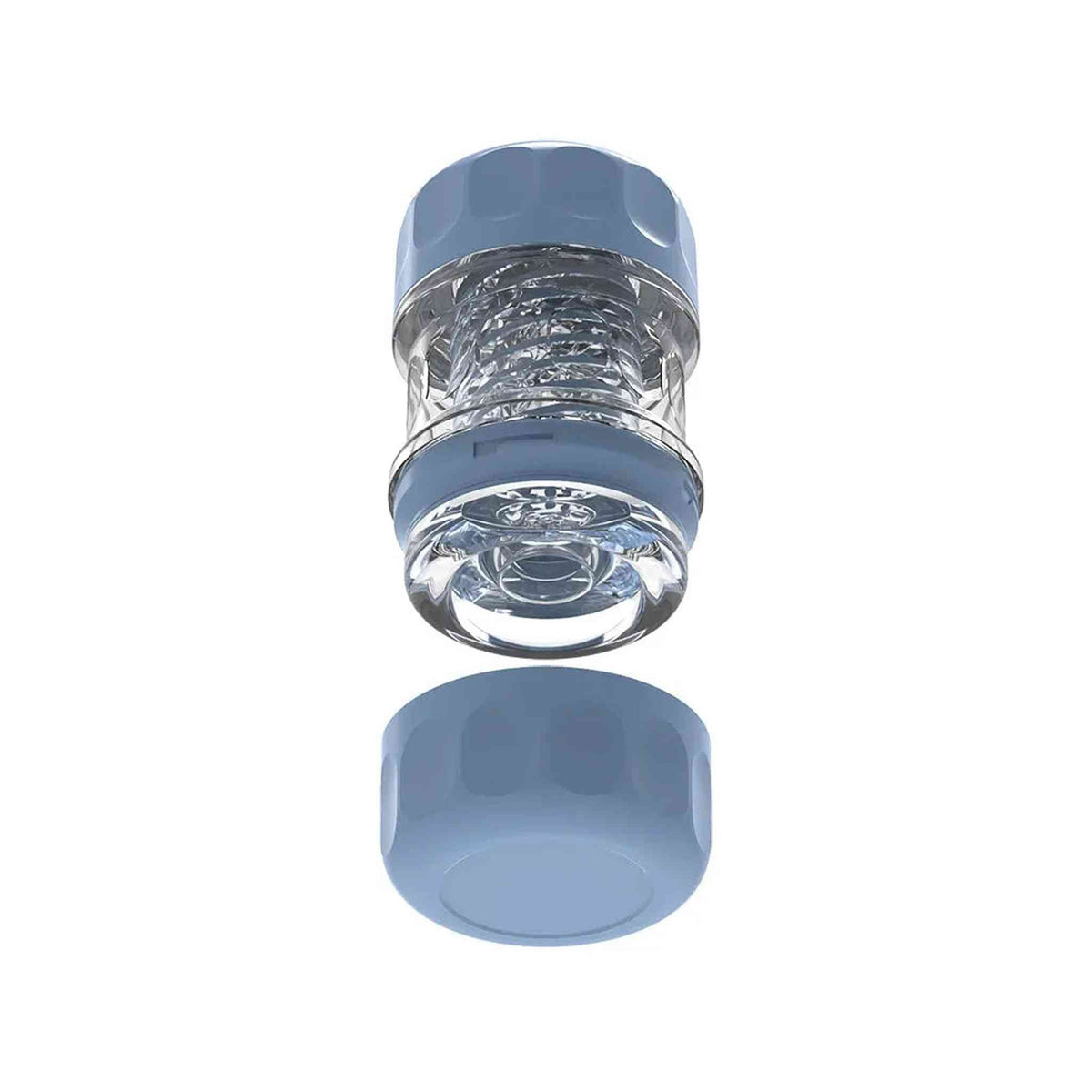 Vista frontale masturbatore Spiral Portable Vigor Cup aperto con guaina TPE trasparente e rilievi spiralati