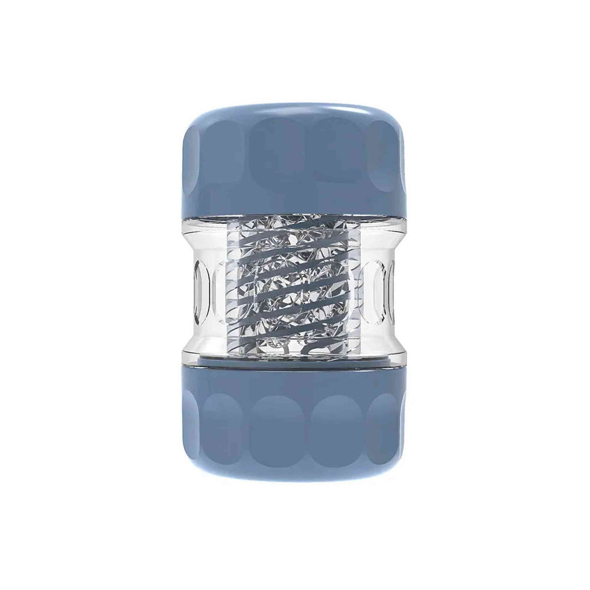 Lato masturbatore Spiral Portable Vigor Cup chiuso blu-grigio con texture circolare e guaina interna a spirale