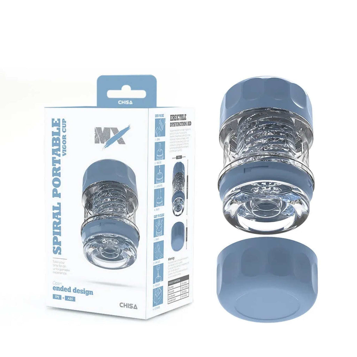 Confezione e masturbatore Spiral Portable Vigor Cup aperto design open-ended in TPE e ABS