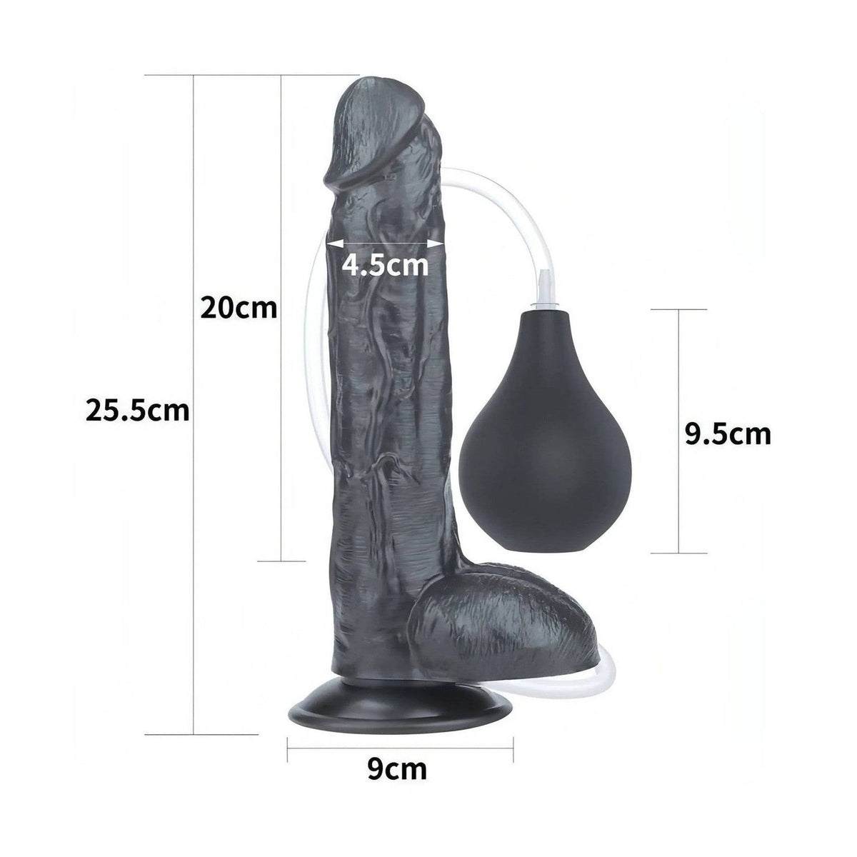 Dildo nero anatomico 25 cm con pompa e misure dettagliate